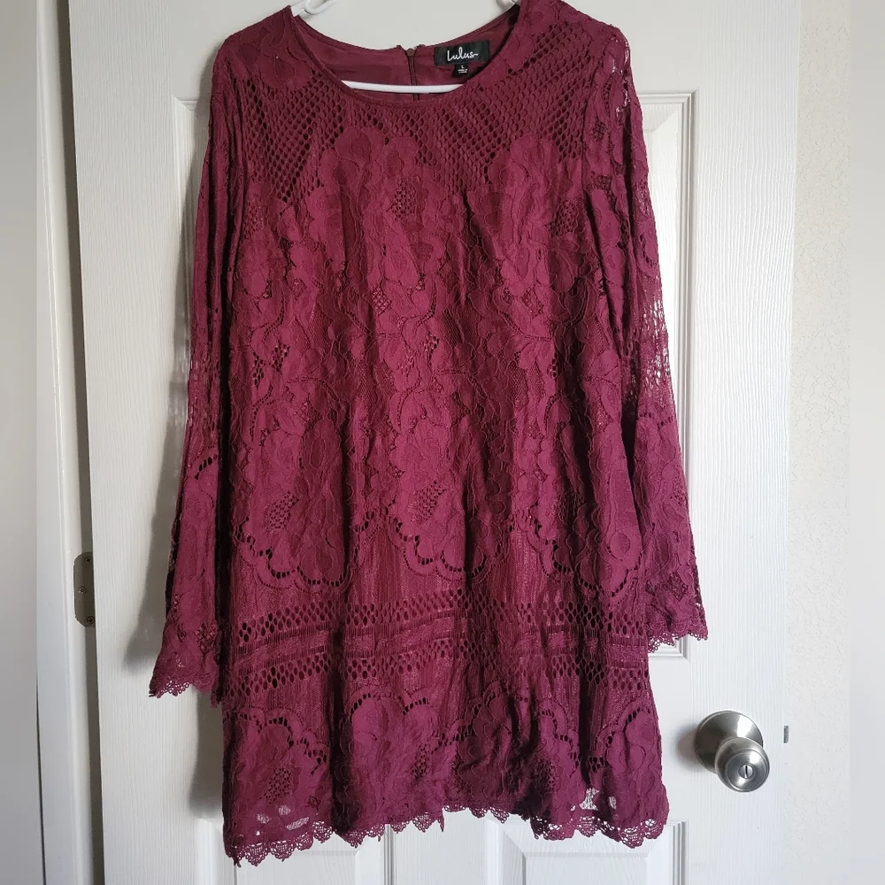 Can't Forget You Burgundy Lace Bell Sleeve Shift Dress - Picture 3 of 5
